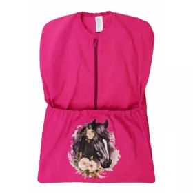 Lányos oviszsák cipzárral – fekete ló és virágos minta, vagány dizájn, 100% pamut, 61x41 cm, élénk rózsaszín