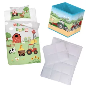 Traktoros mintás ovis ágyneműszett paplannal, párnával és 30×30×30 cm-es tárolódobozzal – tökéletes választás ovisoknak