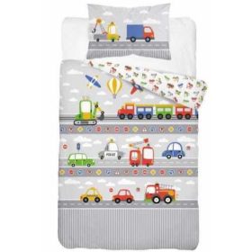 Városi járművek ovis ágynemű – szürke, autós mintás 100% pamut ágynemű gyerekeknek