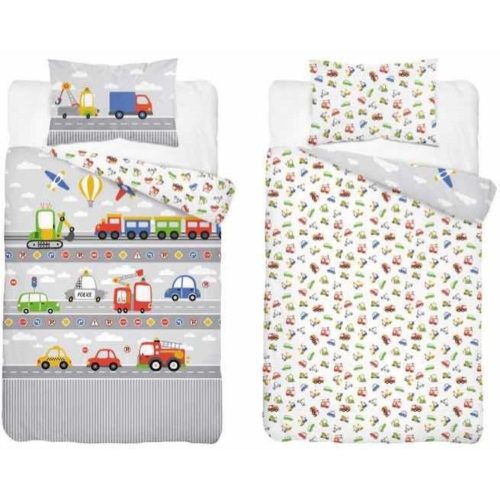 Városi járművek ovis ágynemű – szürke, autós mintás 100% pamut ágynemű gyerekeknek