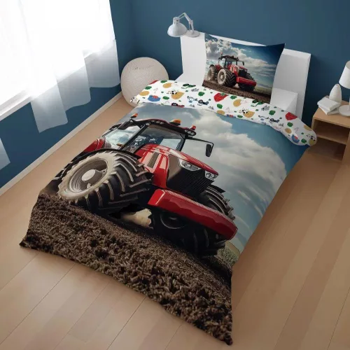 Traktoros ágyneműhuzat 140x200 cm 100% pamut gyerekeknek piros traktor mintával