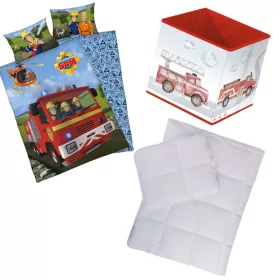 Sam a tűzoltó mintás ovis ágyneműszett paplannal, párnával és 30×30×30 cm-es tárolódobozzal – tökéletes választás ovisoknak