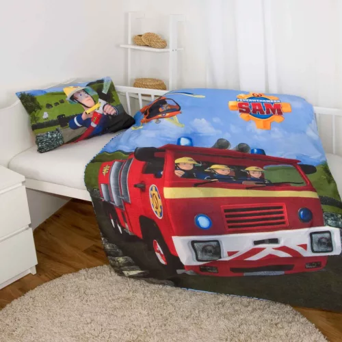 Sam a tűzoltó mintás ovis ágyneműszett paplannal, párnával és 30×30×30 cm-es tárolódobozzal – tökéletes választás ovisoknak