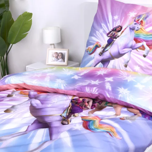 Unicorn Academy Magic ágyneműszett – unikornisos dizájn, 100% pamut, kétoldalas mintával, 140x200 cm paplanhuzat és 70x90 cm párnahuzat, cipzáras záródással, 60°C-on mosható