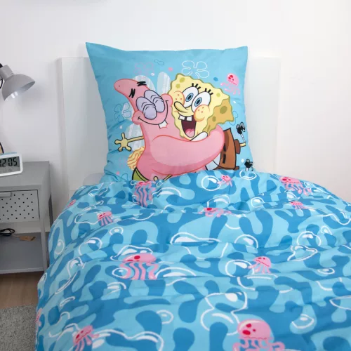 SpongyaBob ágynemű 135×200 cm + 70×90 cm – 100% pamut Renforcé, cipzáras záródás, vidám Bikini Bottom grafika