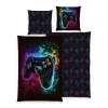 Gamer kontroller mintás ágyneműhuzat – 100% poliészter, neon dizájn, kétoldalas minta, 135x200 cm paplanhuzat és 80x80 cm párnahuzat, cipzáras záródással, 40°C-on mosható