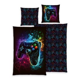 Gamer kontroller mintás ágyneműhuzat – 100% poliészter, neon dizájn, kétoldalas minta, 135x200 cm paplanhuzat és 80x80 cm párnahuzat, cipzáras záródással, 40°C-on mosható