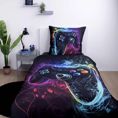 Gamer kontroller mintás ágyneműhuzat – 100% poliészter, neon dizájn, kétoldalas minta, 135x200 cm paplanhuzat és 80x80 cm párnahuzat, cipzáras záródással, 40°C-on mosható