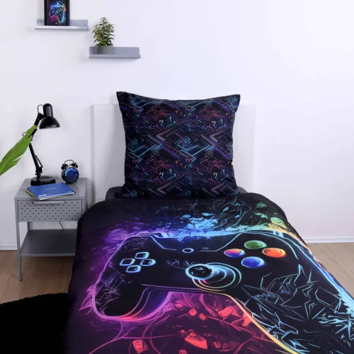 Gamer kontroller mintás ágyneműhuzat – 100% poliészter, neon dizájn, kétoldalas minta, 135x200 cm paplanhuzat és 80x80 cm párnahuzat, cipzáras záródással, 40°C-on mosható