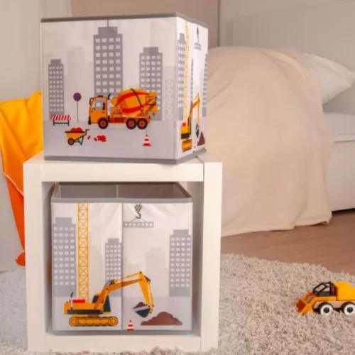 Munkagépes , építkezés mintás gyerek tárolódoboz – 30x30x30 cm játéktároló fiúknak