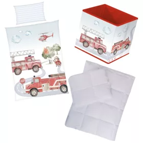 Tűzoltós mintás ovis ágyneműszett paplannal, párnával és 30×30×30 cm-es tárolódobozzal – tökéletes választás ovisoknak