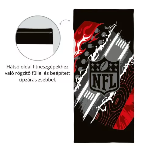 NFL Sport és Fitnesztörölköző 50x110 cm + 15 cm flap – gyorsan száradó, cipzáras zsebbel, 100% poliészter, eredeti NFL dizájn
