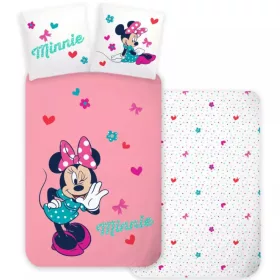 Minnie egér gyerek ágyneműhuzat garnitúra rózsaszín-fehér szívecskés mintával-100x135+40x60 cm