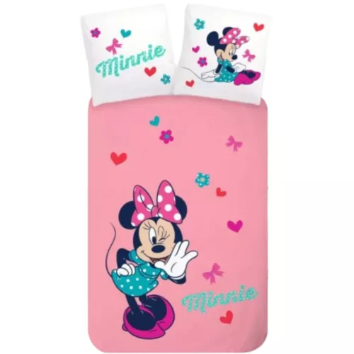 Minnie egér gyerek ágyneműhuzat garnitúra rózsaszín-fehér szívecskés mintával-100x135+40x60 cm