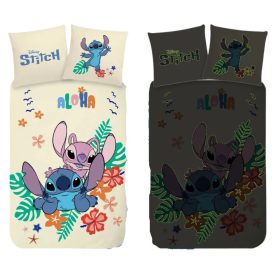 Stitch ágyneműhuzat szett – 100x135 + 40x60 cm, 100% pamut, kétoldalas, világít a sötétben, Disney Aloha mintás